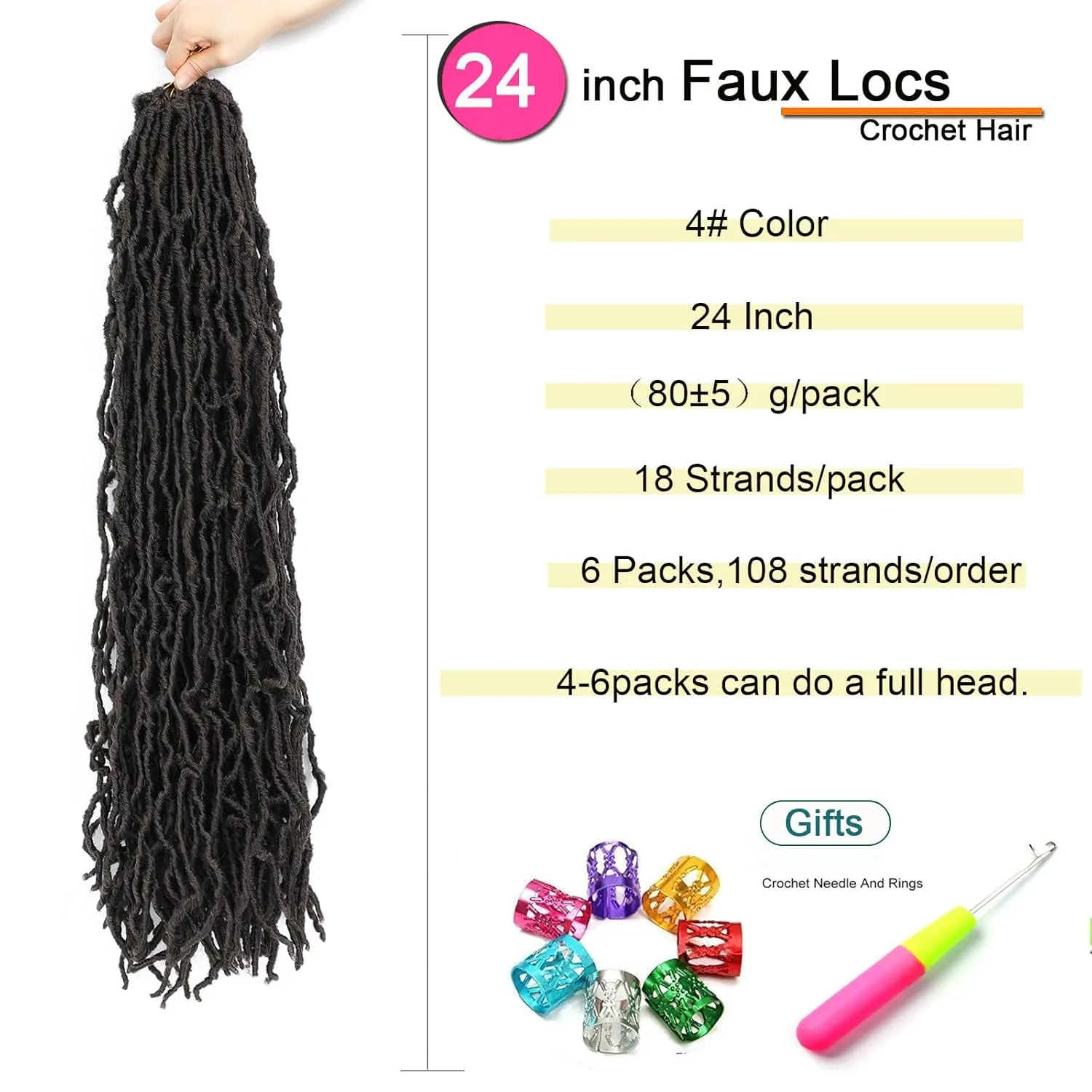 Crochet Faux Locs Crochet Hair Pre looped, 24 Inch 6 Packs Soft Locs,4# Color Prelooped Faux Locs Crochet Hair For Black Women,Lightweight(24",6packs 4#)
