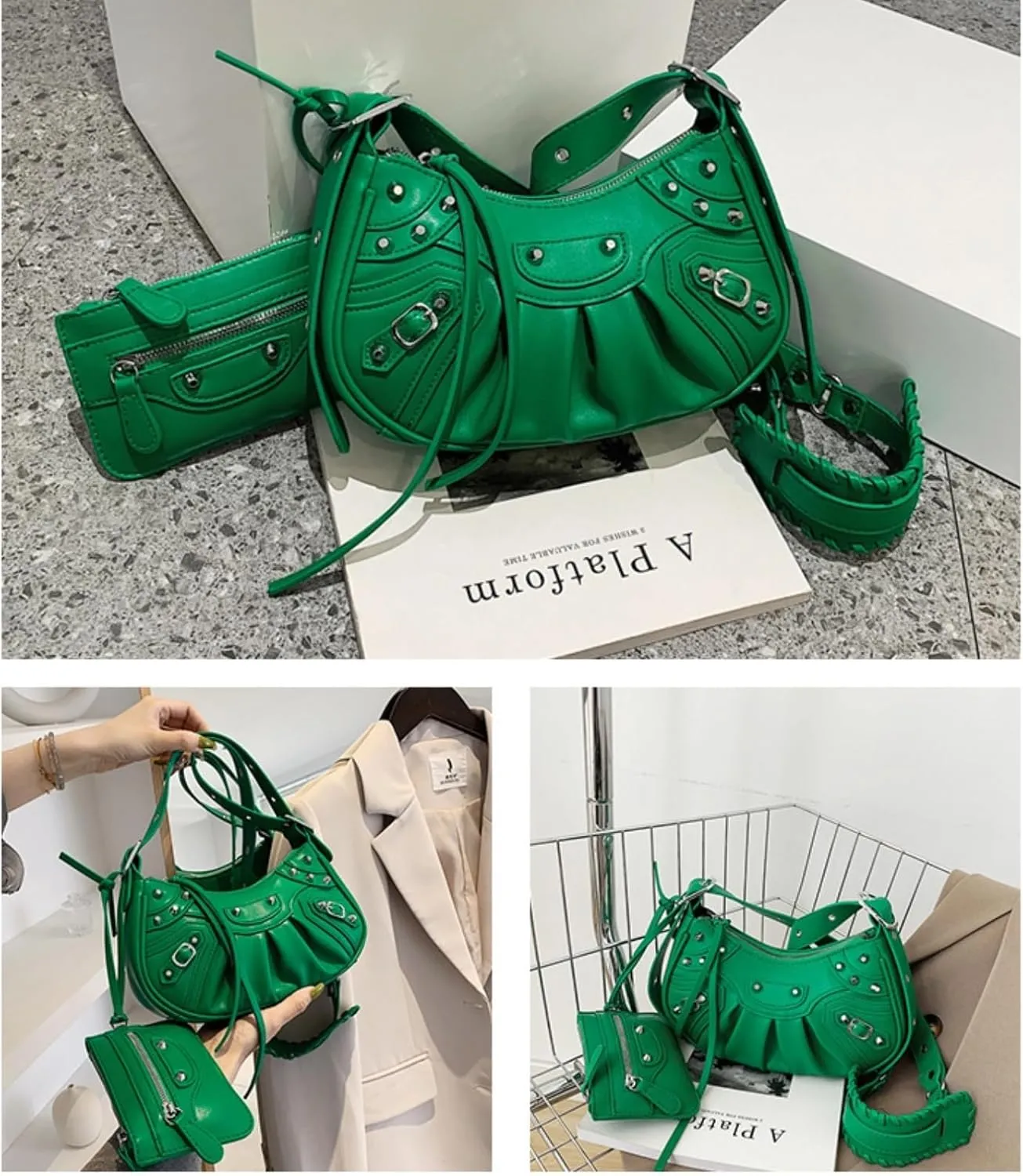 Crossbody Bags For Women 2 Set with Small Purse Rivet Shoulder Bag Adjustable Strap PU Leather Trendy Handbags