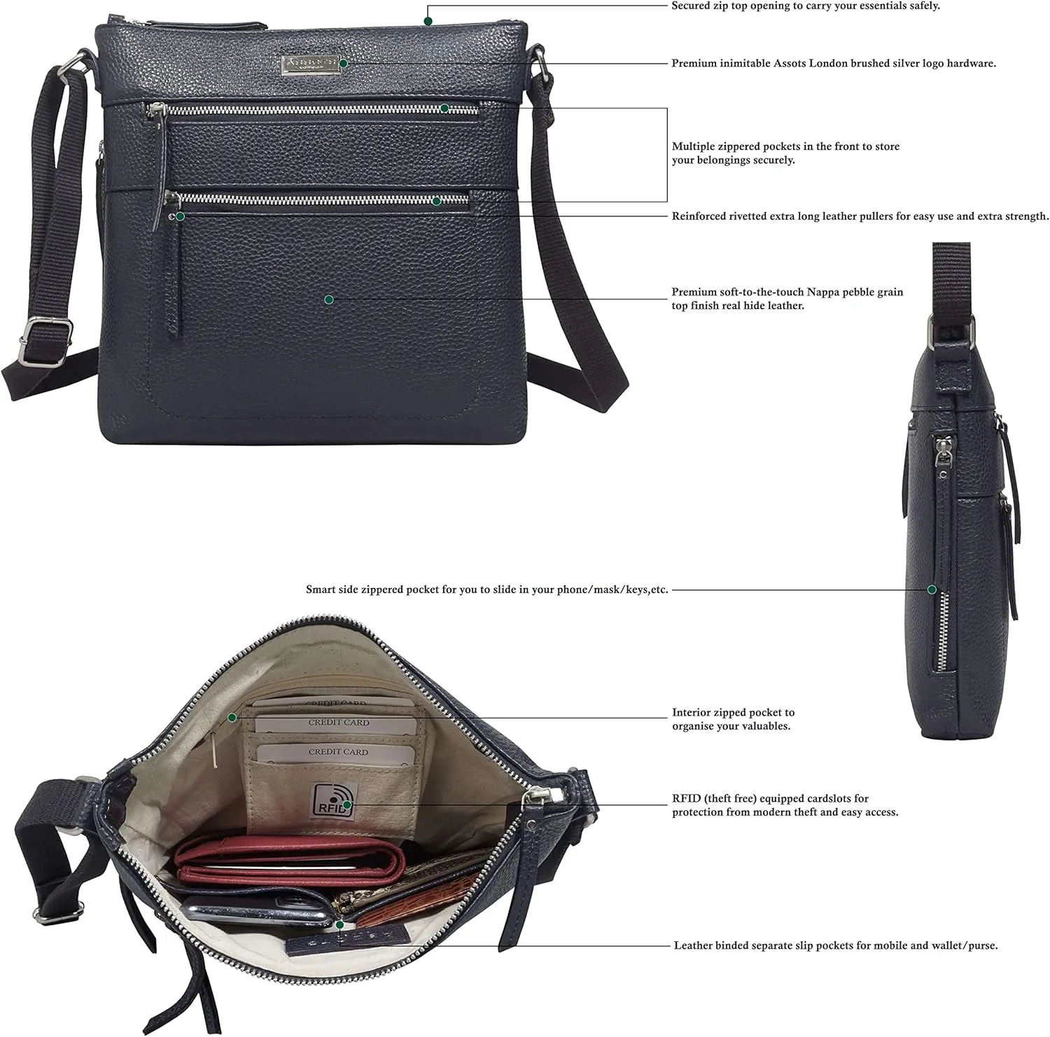 Crossbody Bags for Women – Real Leather Purses with RFID Protection, Multiple Pockets and Adjustable Strap