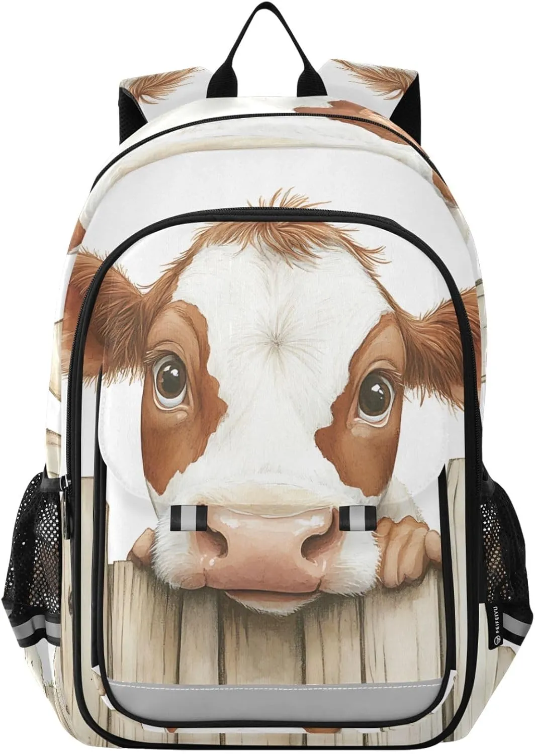 Curious Calf Peeking Fence Backpack Travel Laptop Daypack Shoulder Bag Book Bag Daypack with Reflective Strip 12.9 ×17.7 In