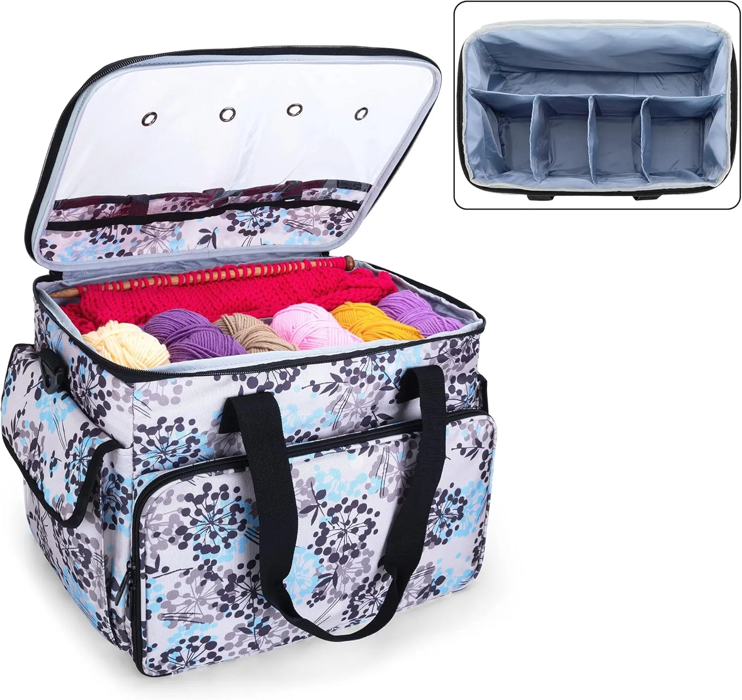 CURMIO Knitting Bag, Yarn Storage Tote with Compartments for Knitting Needles, Crochet Hooks, Knitting Project and Accessories, Bag Only, Dandelion