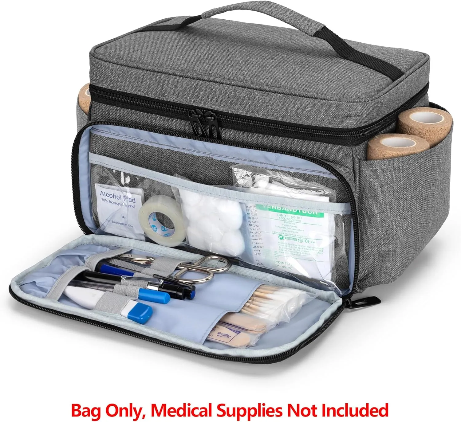 CURMIO Small Medicine Storage Bag Empty, Family First Aid Box, Pill Bottle Organizer for Emergency Medical Supplies, Gray (Bag Only, Patent Pending)