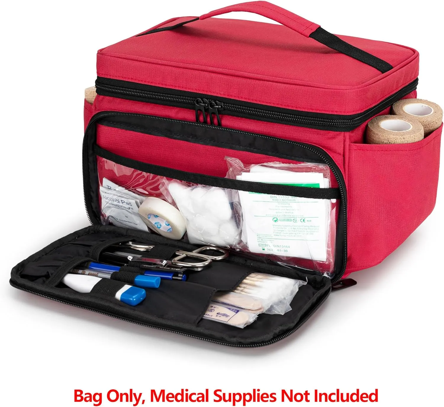 CURMIO Small Medicine Storage Bag Empty, Family First Aid Box, Pill Bottle Organizer for Emergency Medical Supplies, Red (Bag Only, Patent Pending)