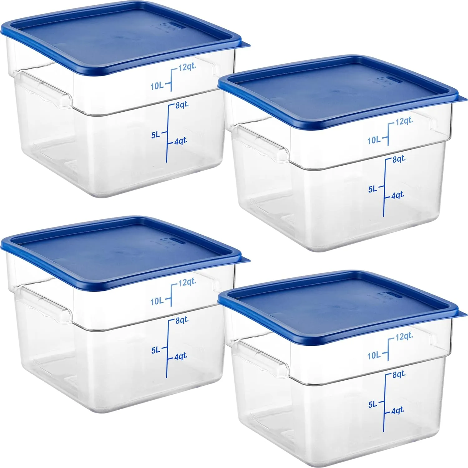 CURTA 4 Pack Food Storage Containers with Blue Lids - NSF Listed Commercial Grade in 12.0 Qt - Square, Clear, Polycarbonate