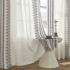 Curtains 72 Inch Length 2 Panels Set Grommet Natural Linen Curtains for Living Room Bedroom Light Filtering Flax Drapes Striped Border Embroidery Window Farmhouse Decor, 52x72 Inches Long, Grey