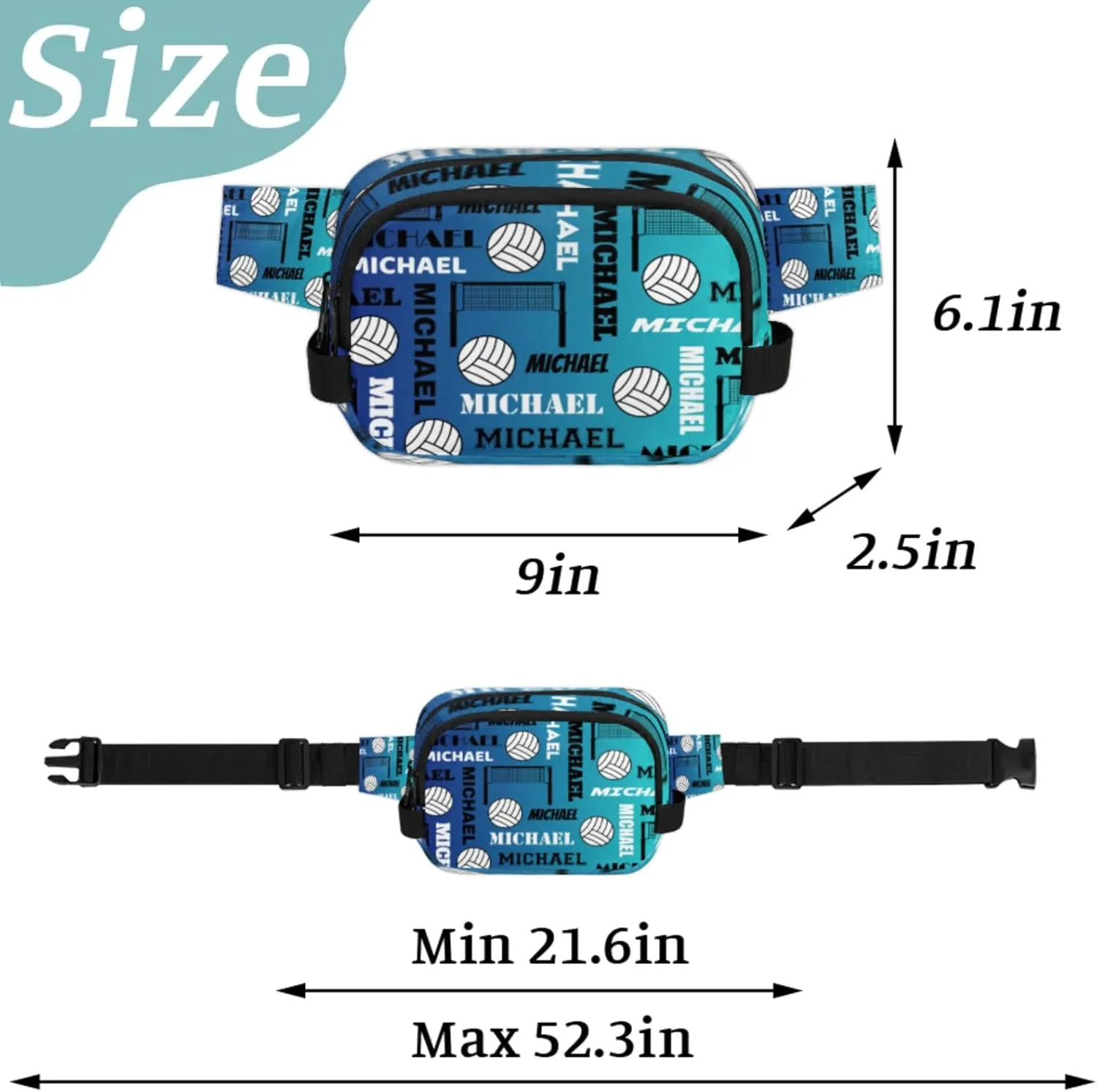 Custom Name Volleyball Waist Packs for Women Men, Personalized Belt Bag Crossbody Fanny Pack with Adjustable Strap for Sports Workout Running, Blue
