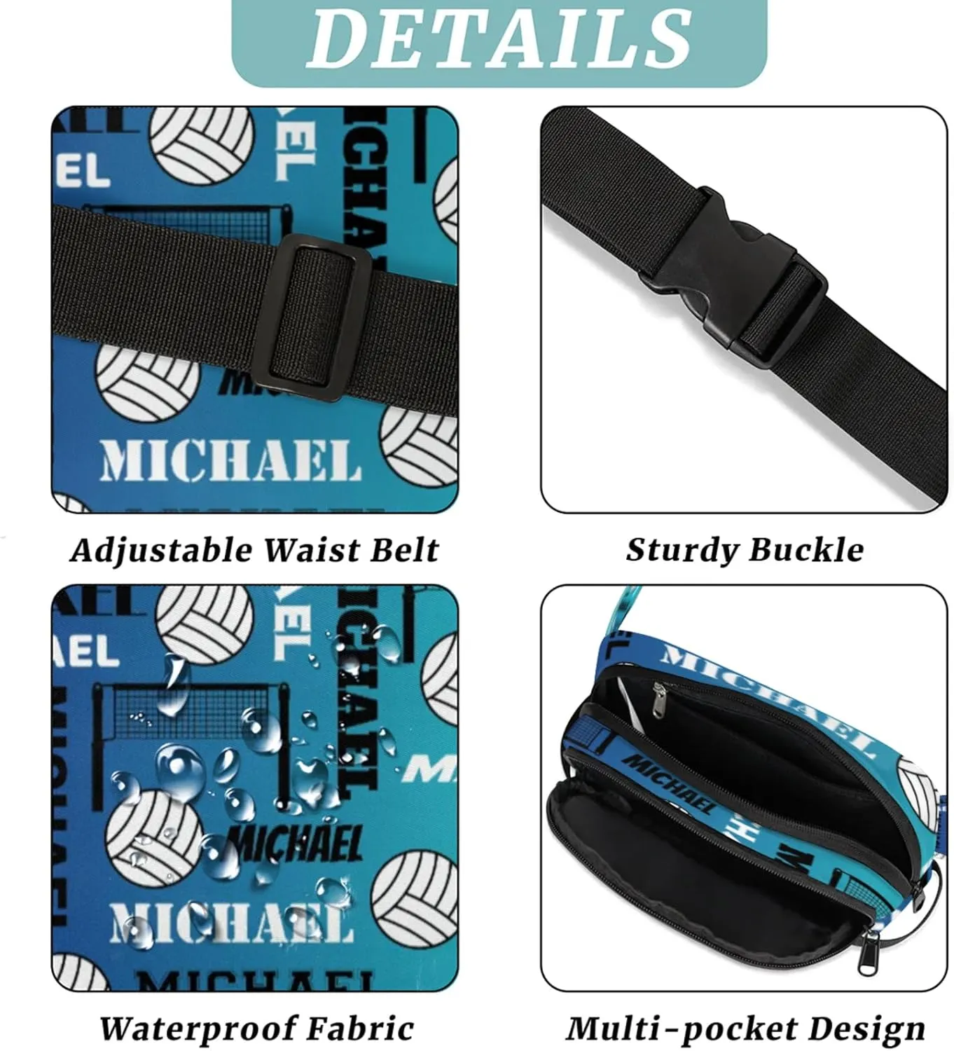 Custom Name Volleyball Waist Packs for Women Men, Personalized Belt Bag Crossbody Fanny Pack with Adjustable Strap for Sports Workout Running, Blue
