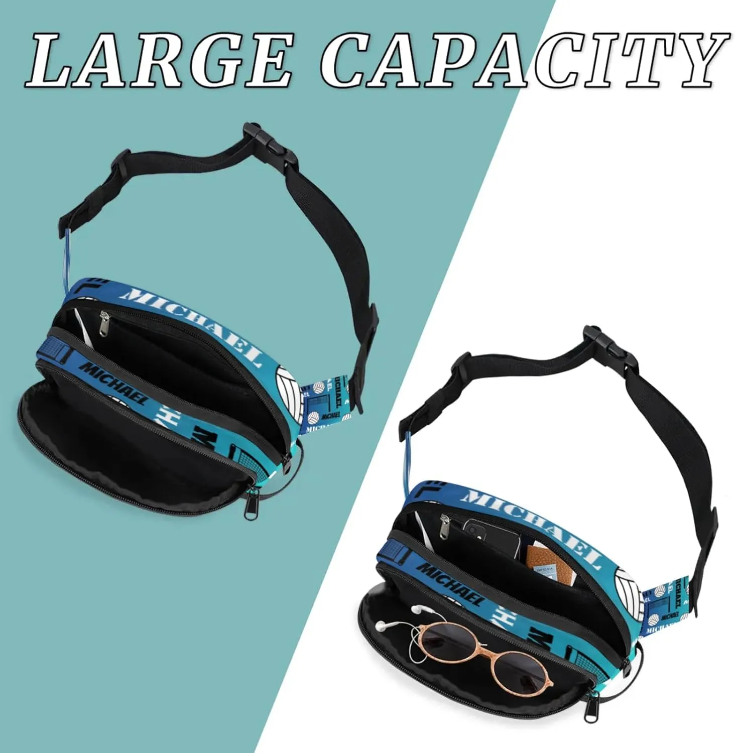 Custom Name Volleyball Waist Packs for Women Men, Personalized Belt Bag Crossbody Fanny Pack with Adjustable Strap for Sports Workout Running, Blue
