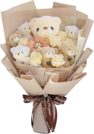 Cute Bear Bouquet - Handmade Plush Bear Bouquet with Cute Soap Flower for Any Occasions, Birthday, Bridal Shower, Graduation etc. (6 Little Bears)