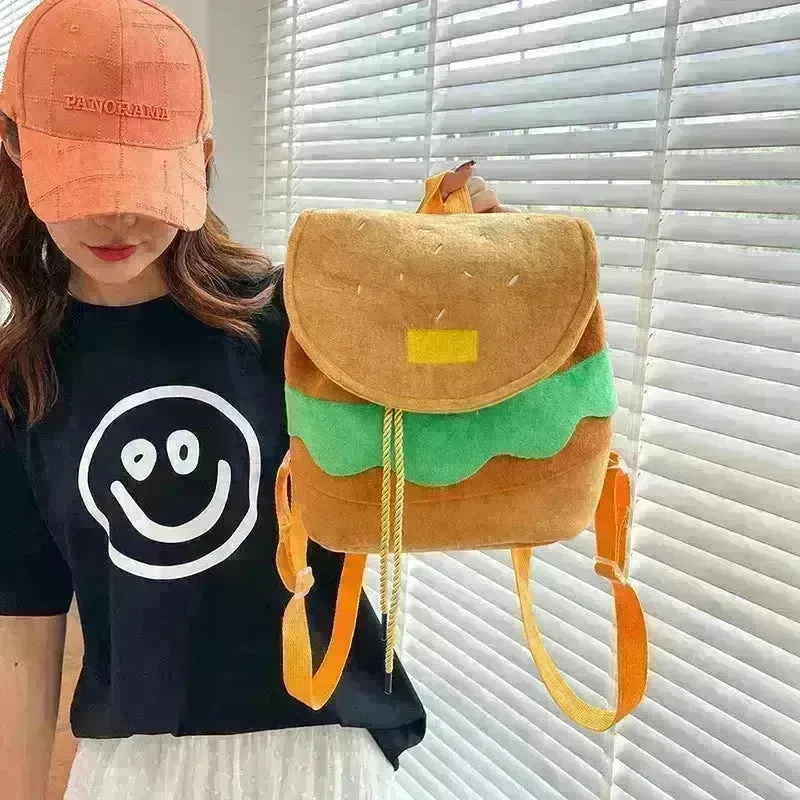 Cute Hamburger Plush Backpack Soft Cartoon Burger Plush Coin Purse Girls Kindergarten School Bookbag Children Kids Pack