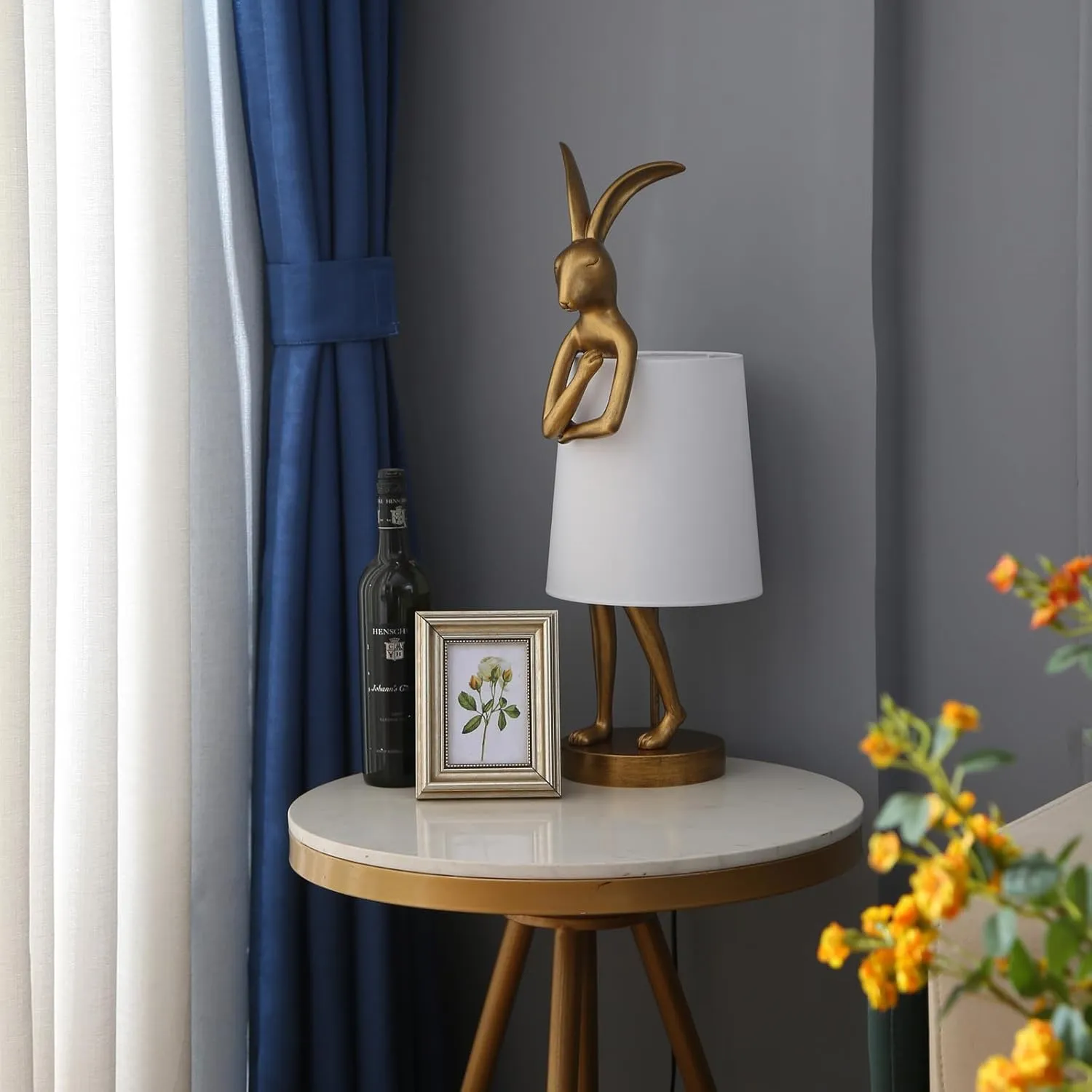 Cute Rabbit Animal Table Lamp,Big Size 25.6", Gold Resin Bunny Decor LED Desk Light,White Linen Shade,Home Eye Protection ​Lamp Office Study Bedside Small Bunny Light (25.6" White Shade)