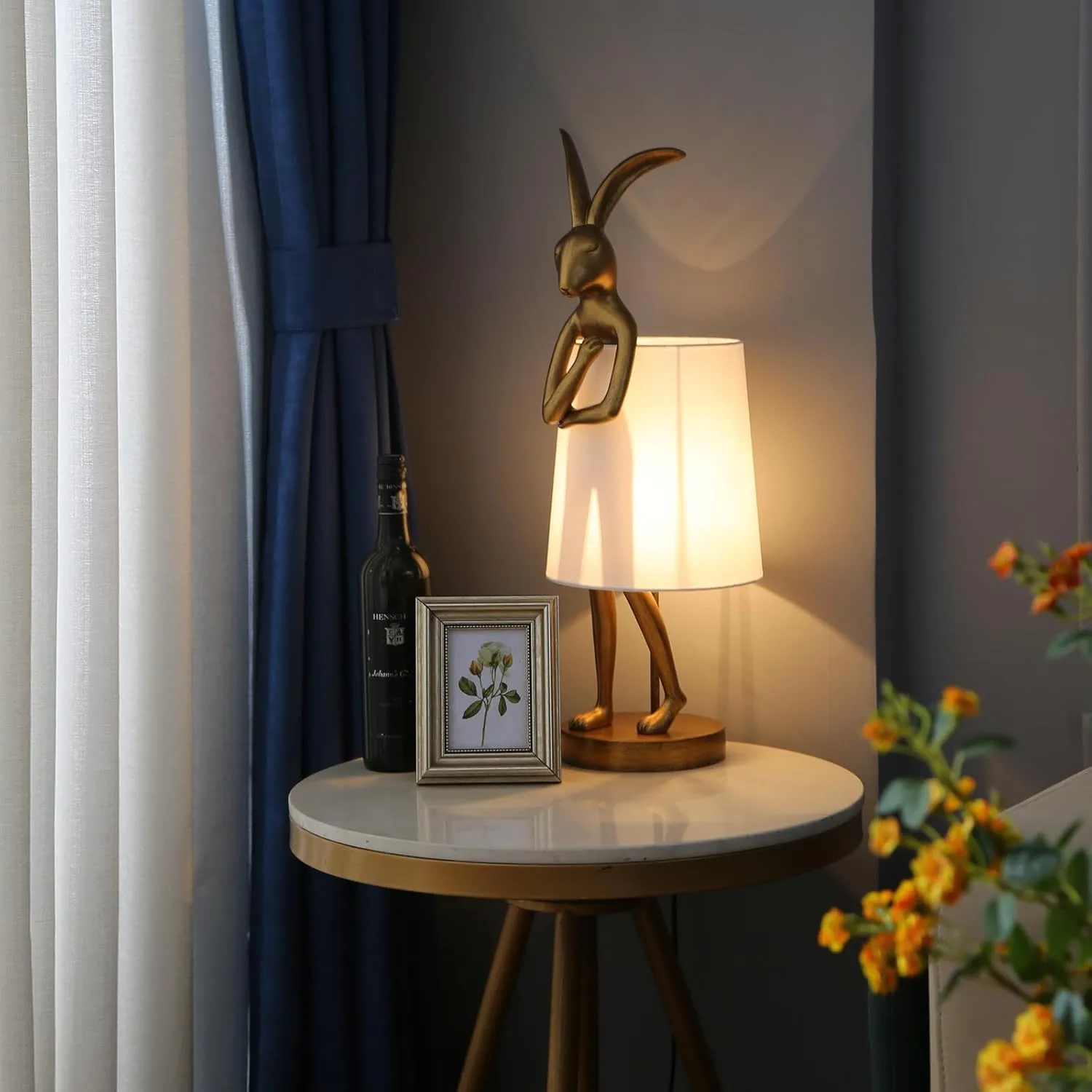 Cute Rabbit Animal Table Lamp,Big Size 25.6", Gold Resin Bunny Decor LED Desk Light,White Linen Shade,Home Eye Protection ​Lamp Office Study Bedside Small Bunny Light (25.6" White Shade)