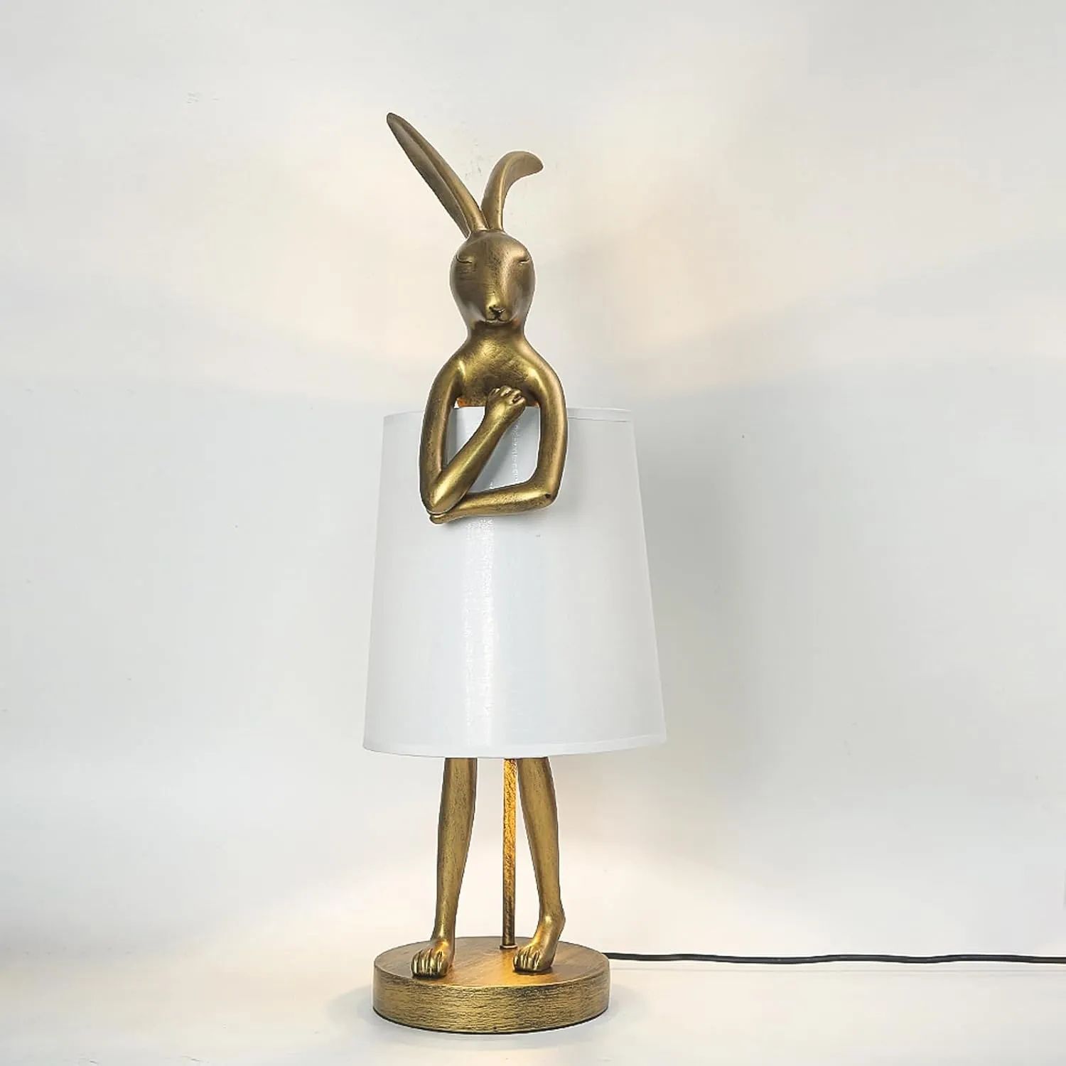 Cute Rabbit Animal Table Lamp,Big Size 25.6", Gold Resin Bunny Decor LED Desk Light,White Linen Shade,Home Eye Protection ​Lamp Office Study Bedside Small Bunny Light (25.6" White Shade)