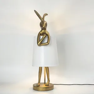 Cute Rabbit Animal Table Lamp,Big Size 25.6", Gold Resin Bunny Decor LED Desk Light,White Linen Shade,Home Eye Protection ​Lamp Office Study Bedside Small Bunny Light (25.6" White Shade)