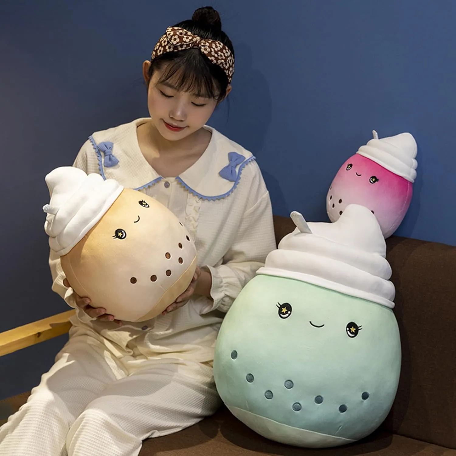 Cute Stuffed Ice Cream Cup Animal Ice-cream Plush Hugging Pillow Ice Cream Plushies Toy Kawaii Cartoon Boba Tea Stuffy Animal Milk Tea Cup Pillow Hugging Gift for Kids and Lovers (Brown, 14-Inch)
