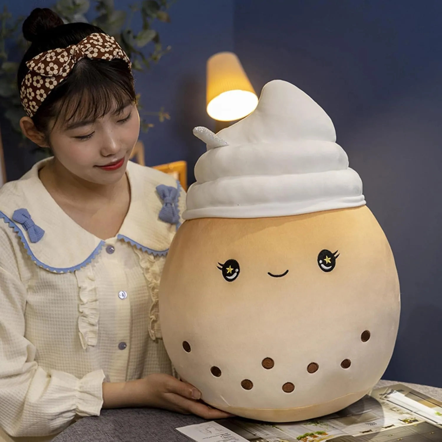 Cute Stuffed Ice Cream Cup Animal Ice-cream Plush Hugging Pillow Ice Cream Plushies Toy Kawaii Cartoon Boba Tea Stuffy Animal Milk Tea Cup Pillow Hugging Gift for Kids and Lovers (Brown, 14-Inch)