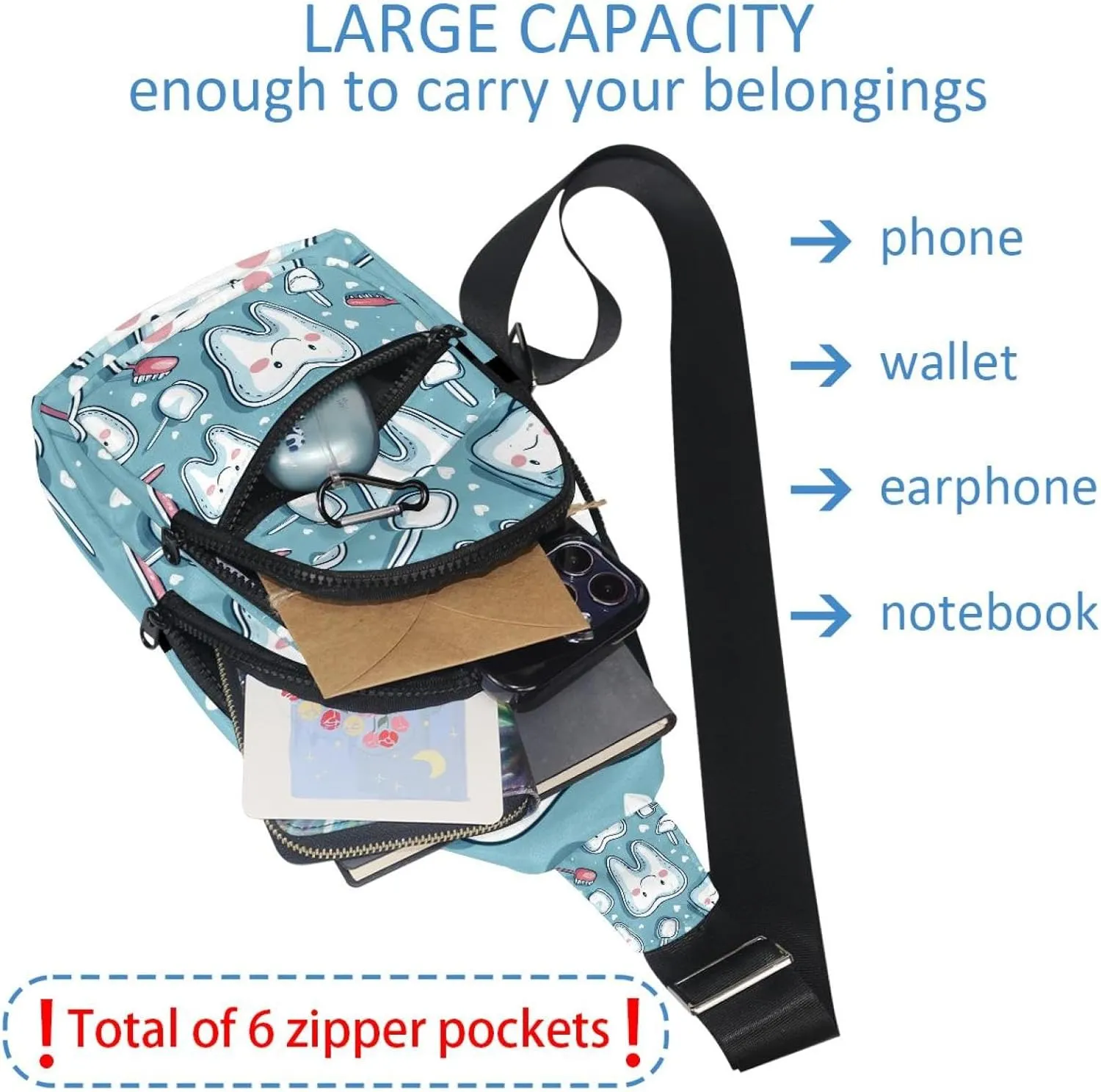 Cute Teeth Sling Bag for Women Men Crossbody Shoulder Tote Blet Bags Backpack Fanny Pack Travel Purse