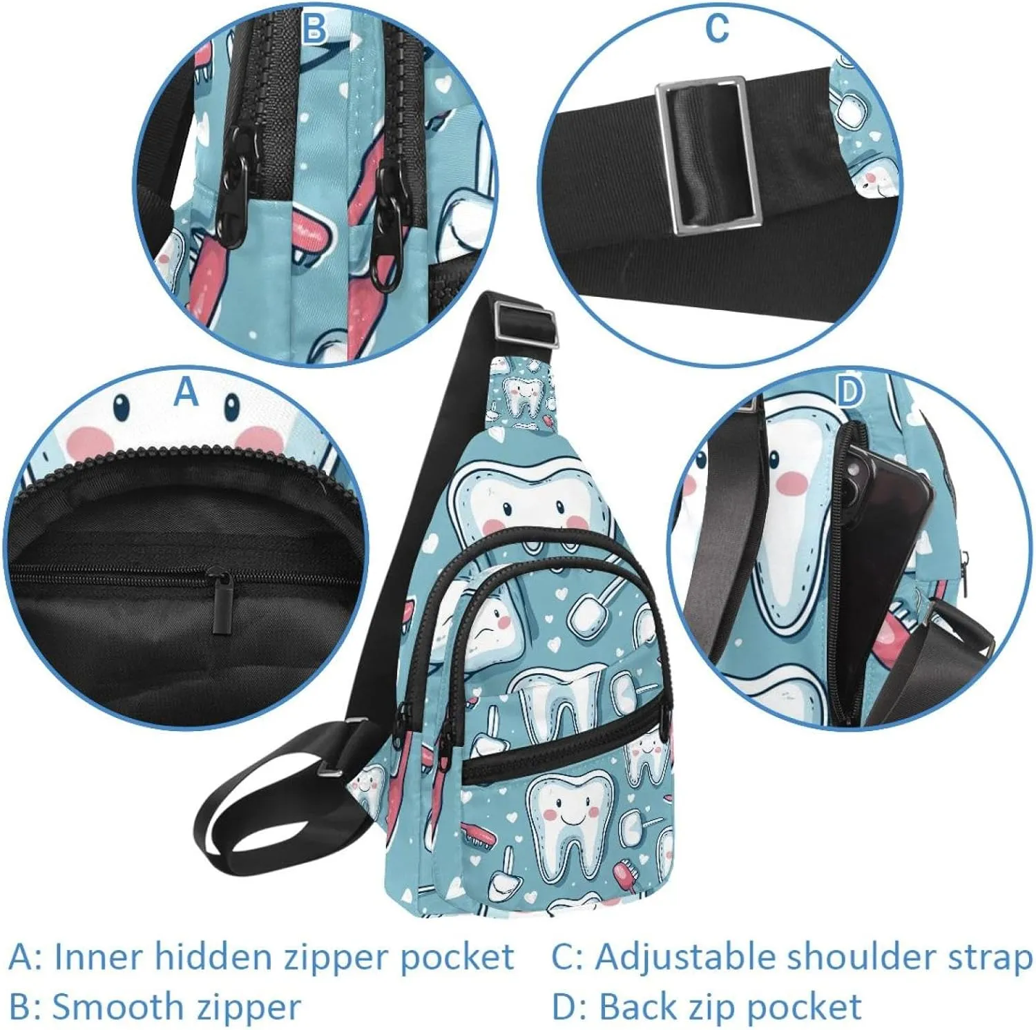Cute Teeth Sling Bag for Women Men Crossbody Shoulder Tote Blet Bags Backpack Fanny Pack Travel Purse