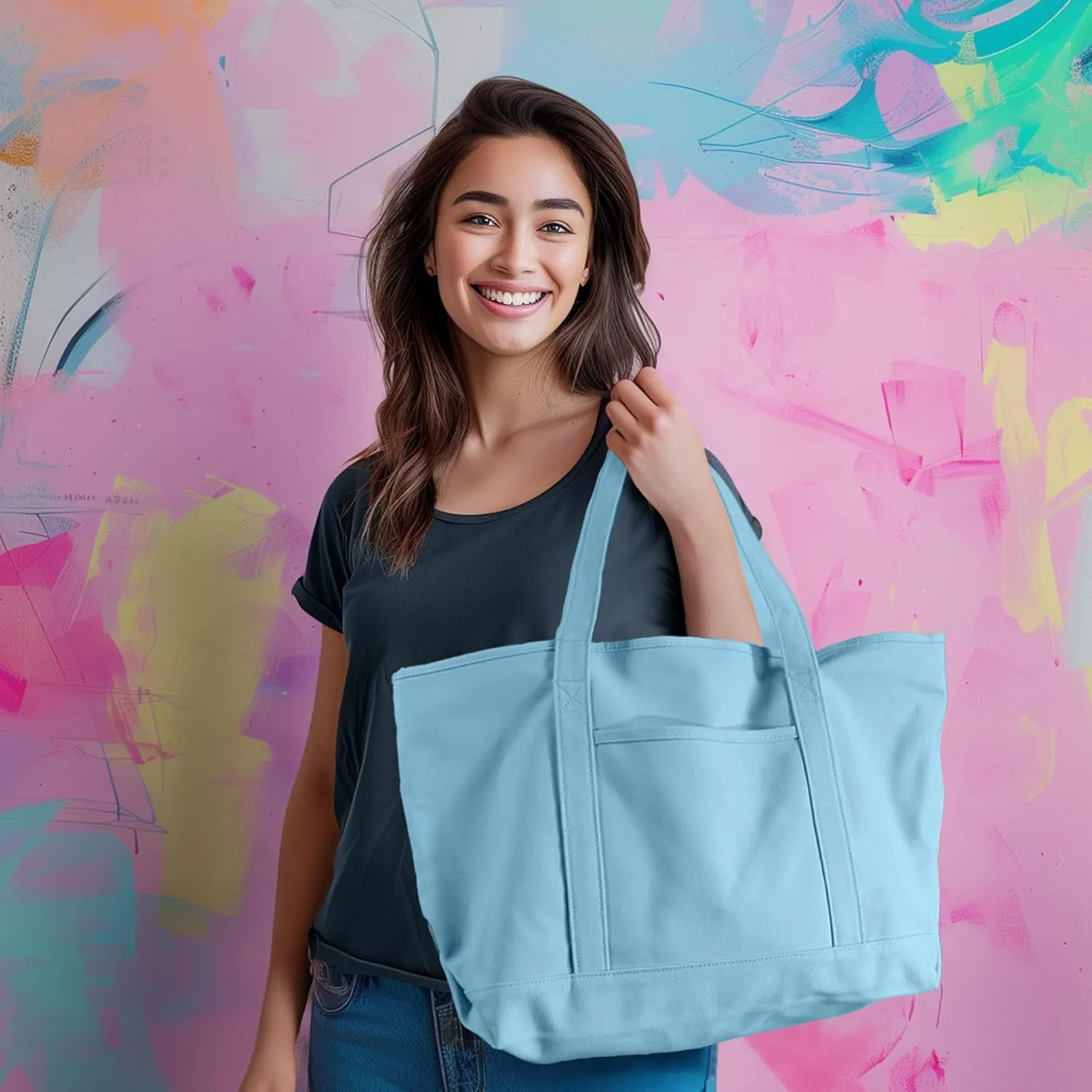 DALIX Womens 23" Deluxe 24 oz. Cotton Canvas Tote Bag Zippered in Light Blue