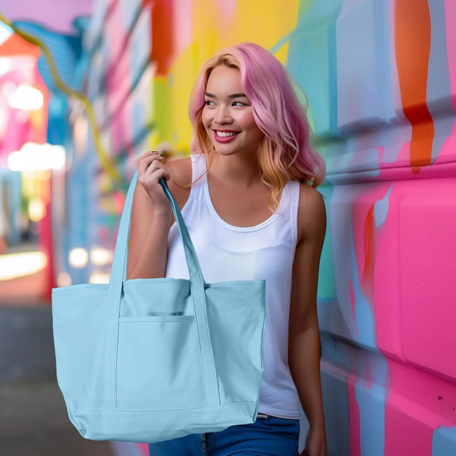 DALIX Womens 23" Deluxe 24 oz. Cotton Canvas Tote Bag Zippered in Light Blue