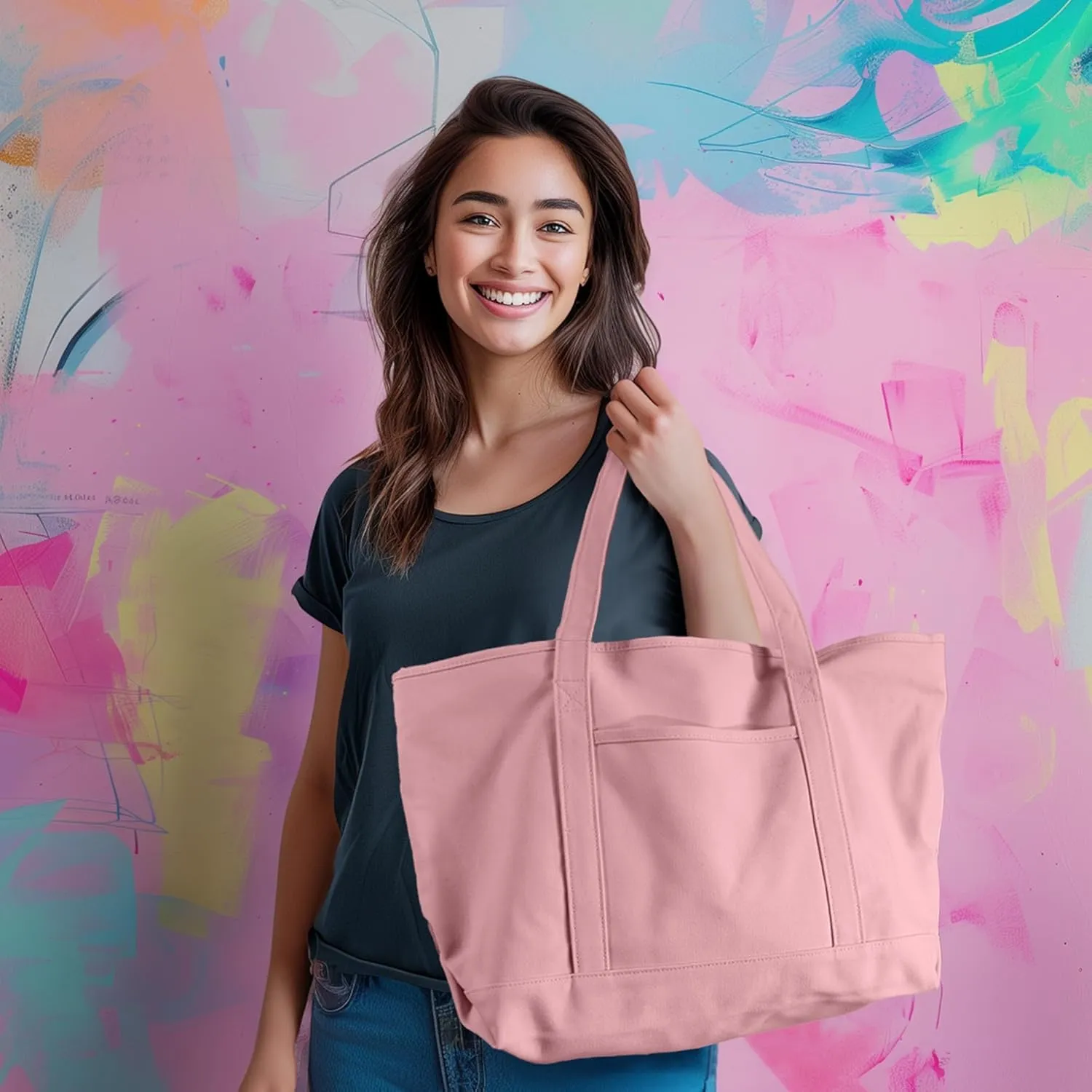 DALIX Womens 23" Deluxe 24 oz. Cotton Canvas Tote Bag Zippered in Light Pink