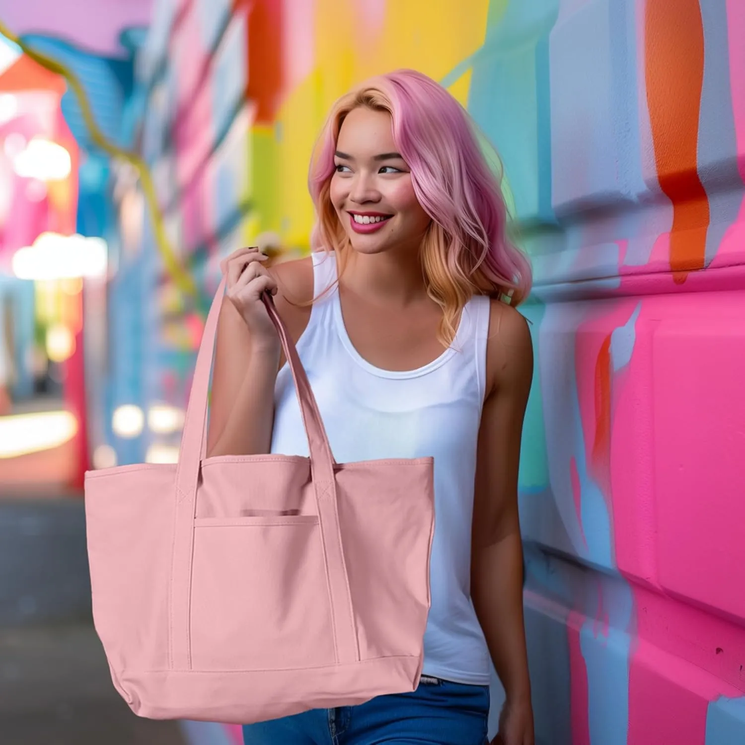 DALIX Womens 23" Deluxe 24 oz. Cotton Canvas Tote Bag Zippered in Light Pink