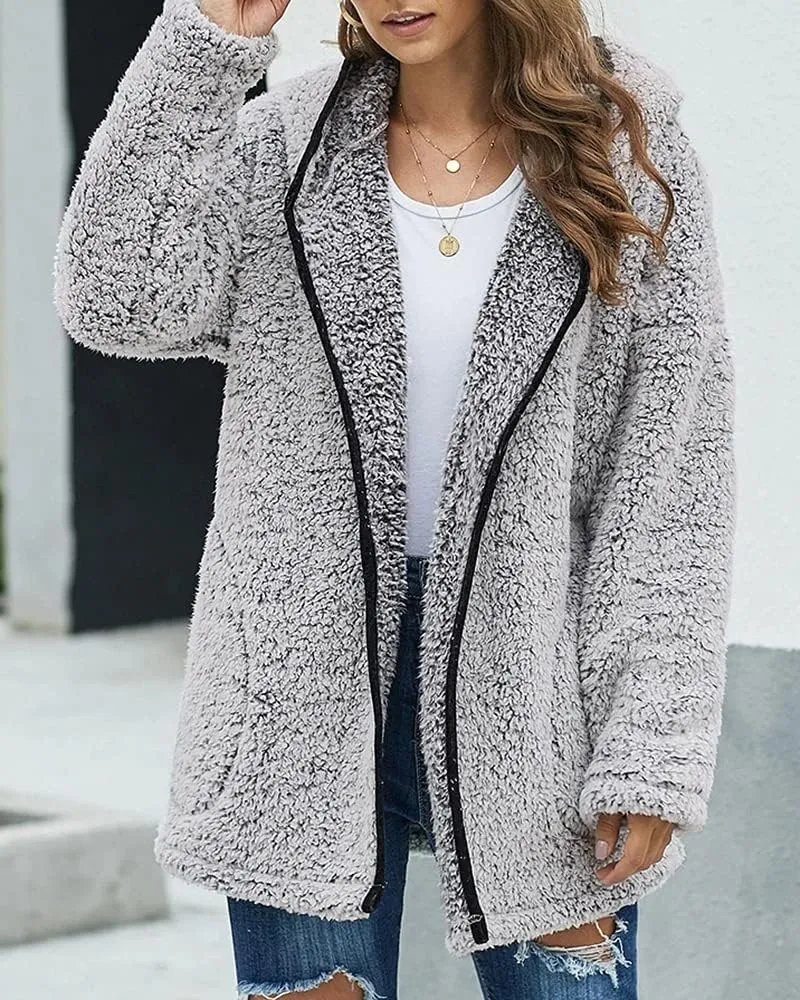 Danedvi Womens Hooded Sherpa Fleece Jacket Oversized Contrast Color Fuzzy Coat Faux Fur Winter Warm Outerwear