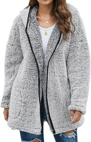Danedvi Womens Hooded Sherpa Fleece Jacket Oversized Contrast Color Fuzzy Coat Faux Fur Winter Warm Outerwear