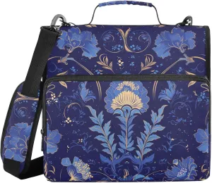 Dark Blue Chic Flowers 1.5-Inch 3-Rings Binder with Extra Pockets with Strap Multiple Pockets Portable Home Travel Safe Storage Bag for Middle School