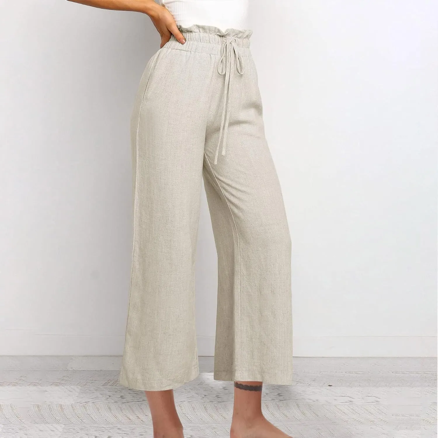 DASAYO Linen Pants Women Summer Drawstring Ruffle High Waisted Cropped Palazzo Casual Loose Wide Leg Trousers with Pockets