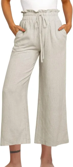 DASAYO Linen Pants Women Summer Drawstring Ruffle High Waisted Cropped Palazzo Casual Loose Wide Leg Trousers with Pockets