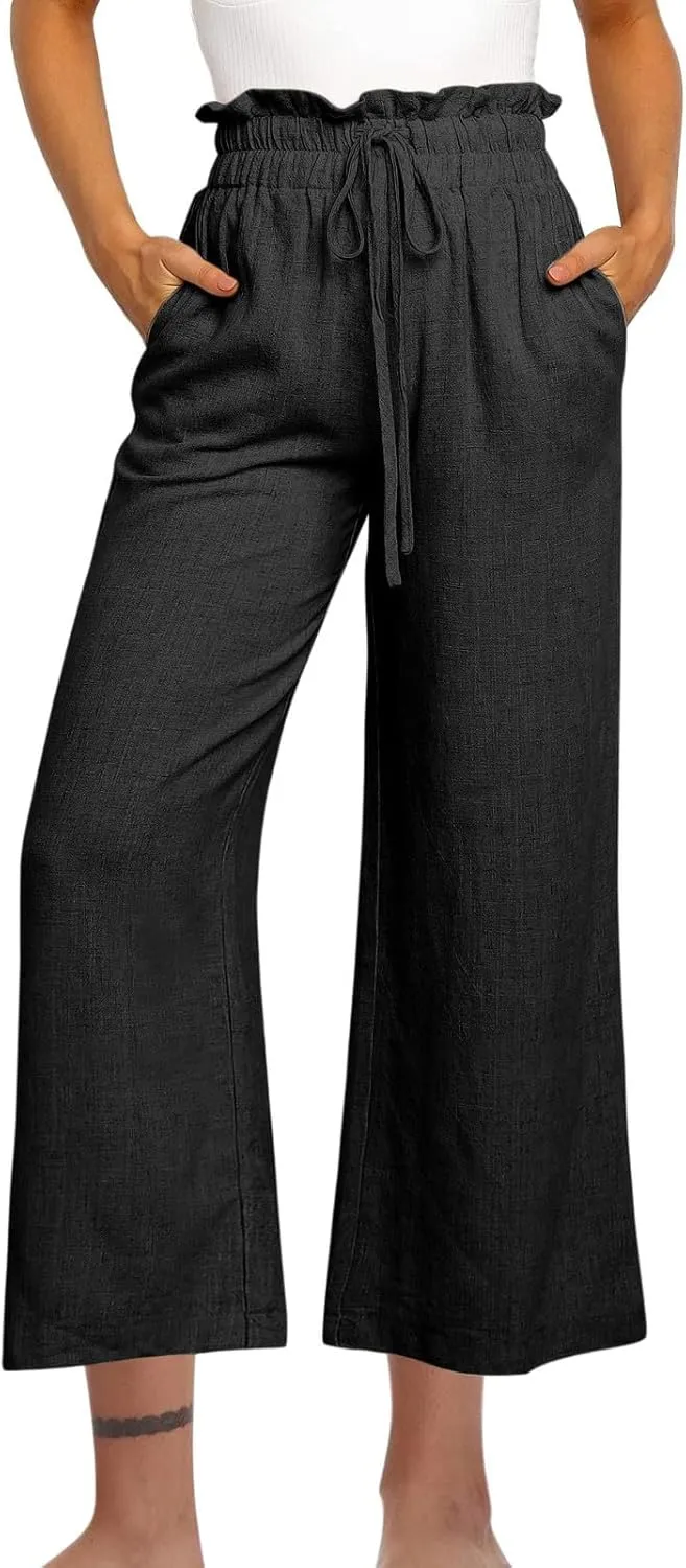 DASAYO Linen Pants Women Summer Drawstring Ruffle High Waisted Cropped Palazzo Casual Loose Wide Leg Trousers with Pockets