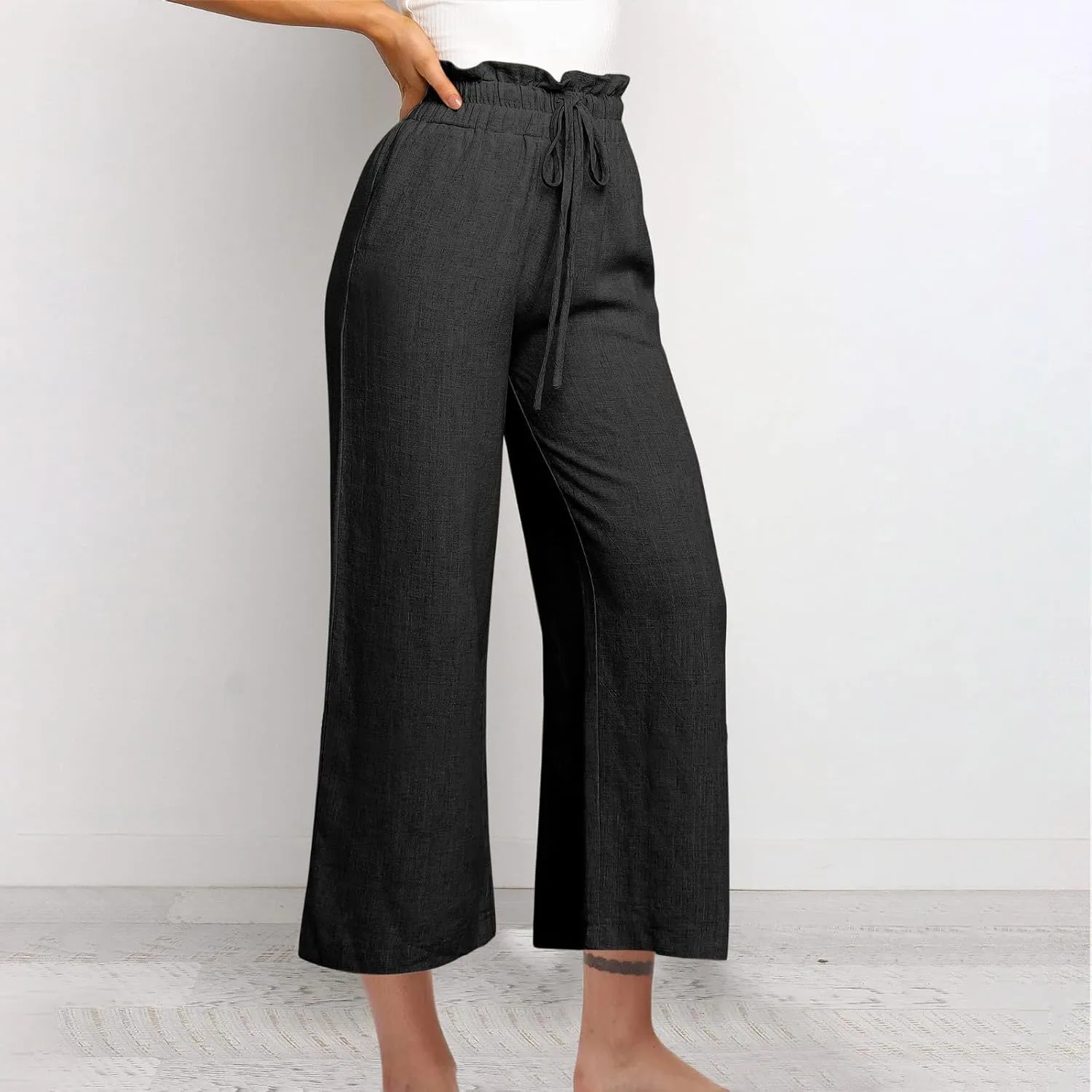 DASAYO Linen Pants Women Summer Drawstring Ruffle High Waisted Cropped Palazzo Casual Loose Wide Leg Trousers with Pockets