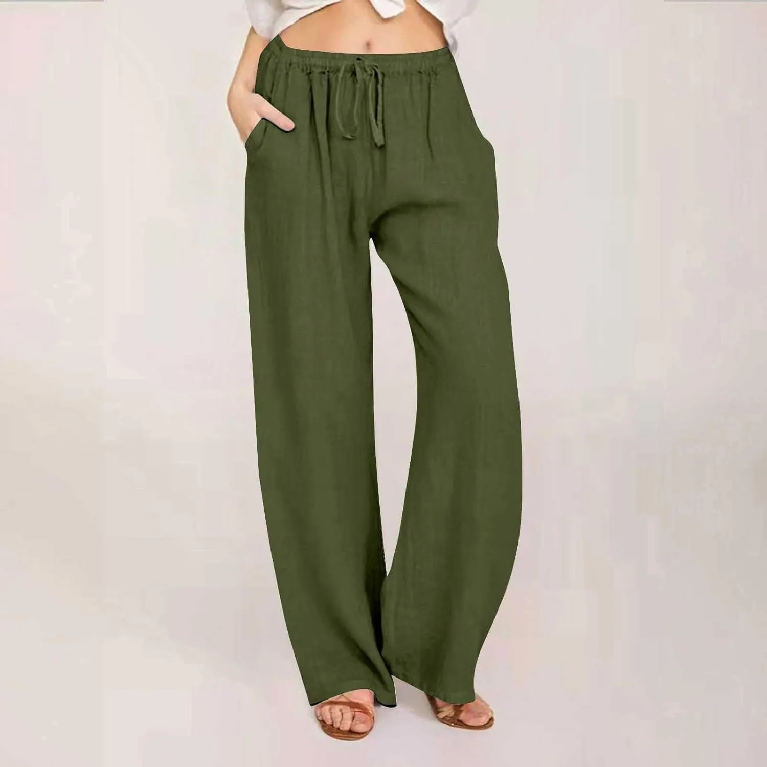DASAYO Womens Linen Palazzo Pants Summer Casual Boho Wide Leg Drawstring High Waist Loose Fit Beach Trousers with Pockets