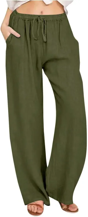 DASAYO Womens Linen Palazzo Pants Summer Casual Boho Wide Leg Drawstring High Waist Loose Fit Beach Trousers with Pockets