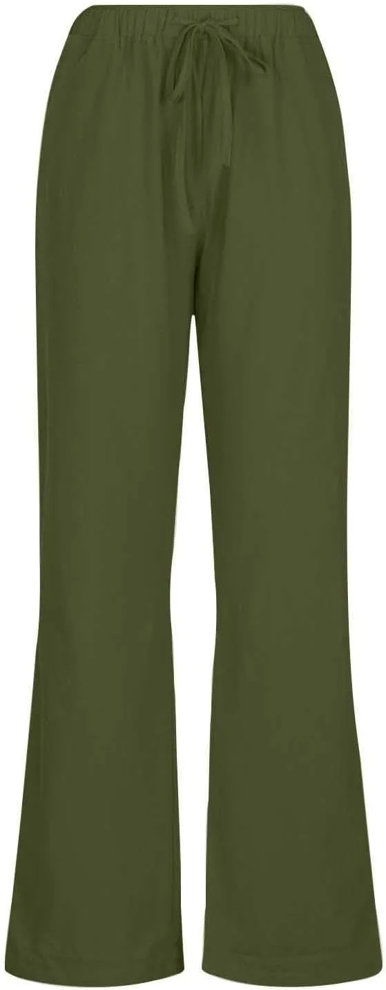 DASAYO Womens Linen Palazzo Pants Summer Casual Boho Wide Leg Drawstring High Waist Loose Fit Beach Trousers with Pockets