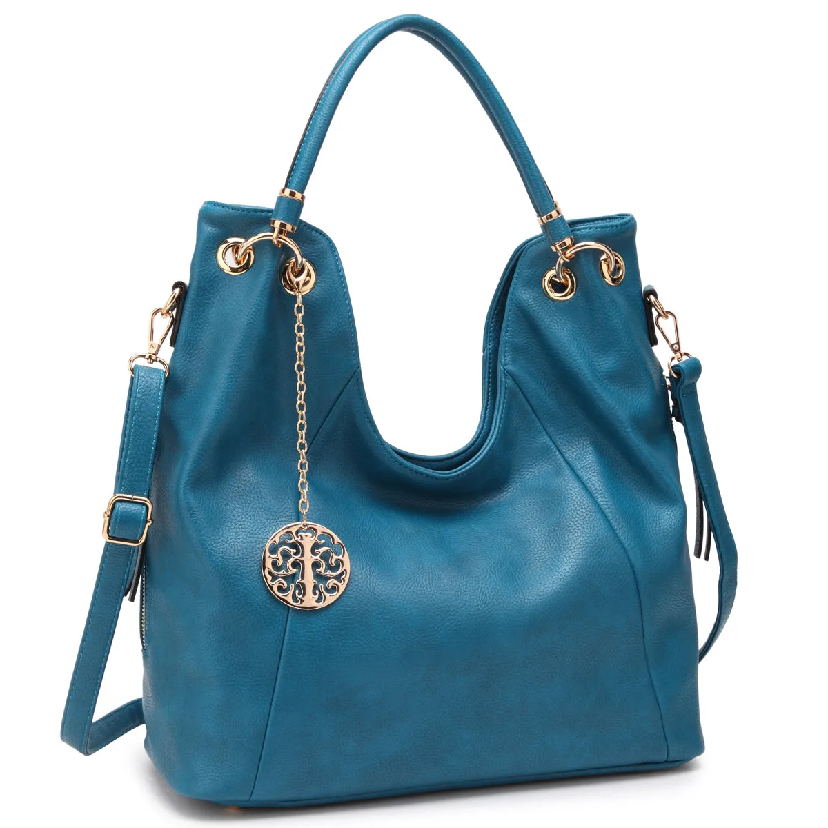Dasein Soft Faux Leather Hobo Bag Shoulder Purse  with Curvy Rolled Top Handles and Side Zipped pockets and a Gold Medallion Dangling accessory