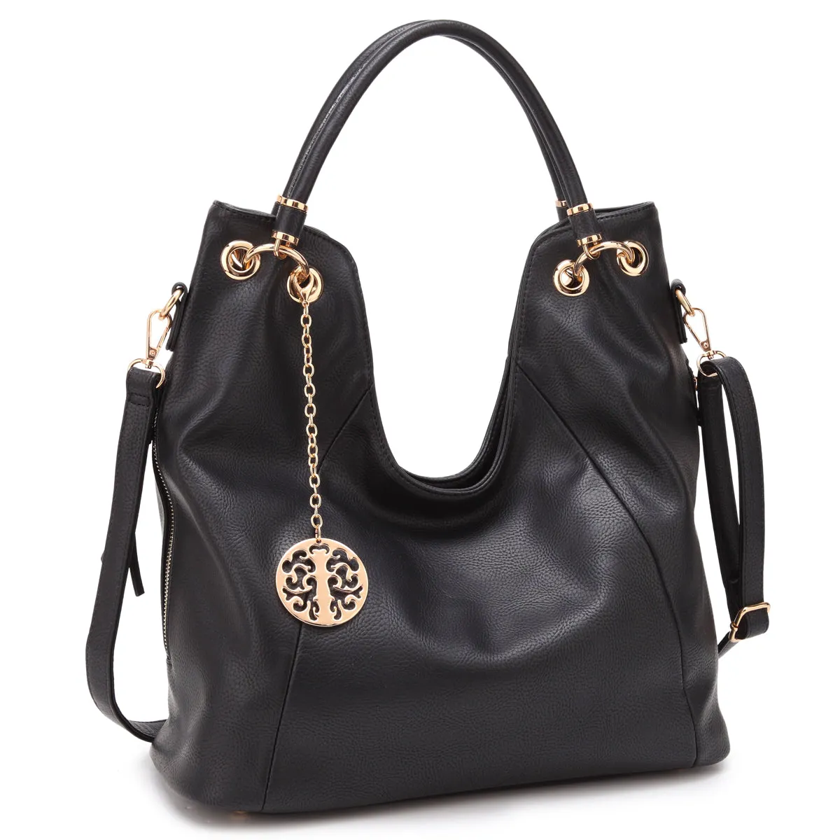 Dasein Soft Faux Leather Hobo Bag Shoulder Purse  with Curvy Rolled Top Handles and Side Zipped pockets and a Gold Medallion Dangling accessory