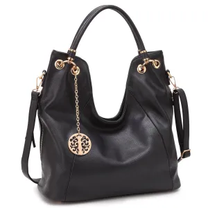 Dasein Soft Faux Leather Hobo Bag Shoulder Purse  with Curvy Rolled Top Handles and Side Zipped pockets and a Gold Medallion Dangling accessory