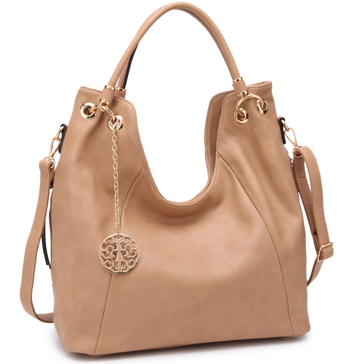 Dasein Soft Faux Leather Hobo Bag Shoulder Purse  with Curvy Rolled Top Handles and Side Zipped pockets and a Gold Medallion Dangling accessory