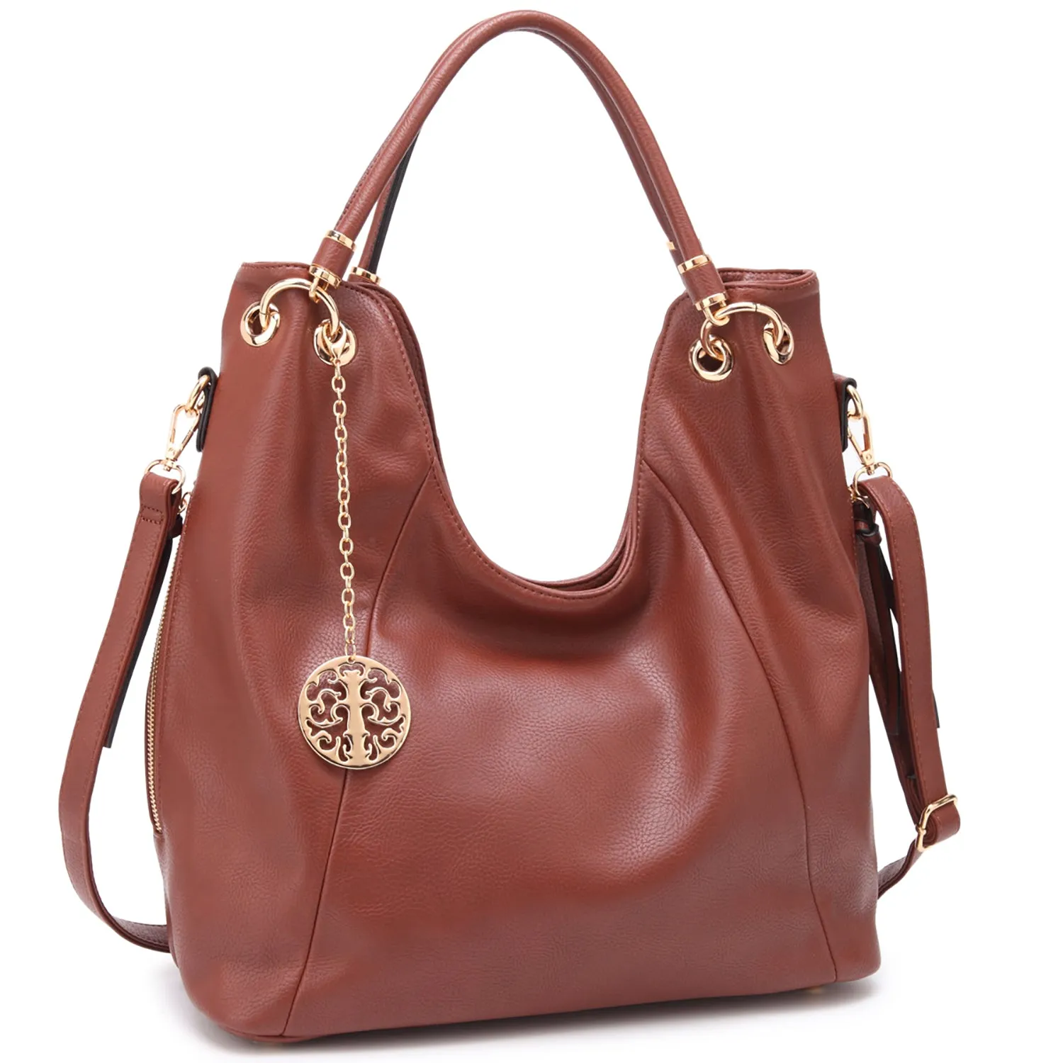 Dasein Soft Faux Leather Hobo Bag Shoulder Purse  with Curvy Rolled Top Handles and Side Zipped pockets and a Gold Medallion Dangling accessory