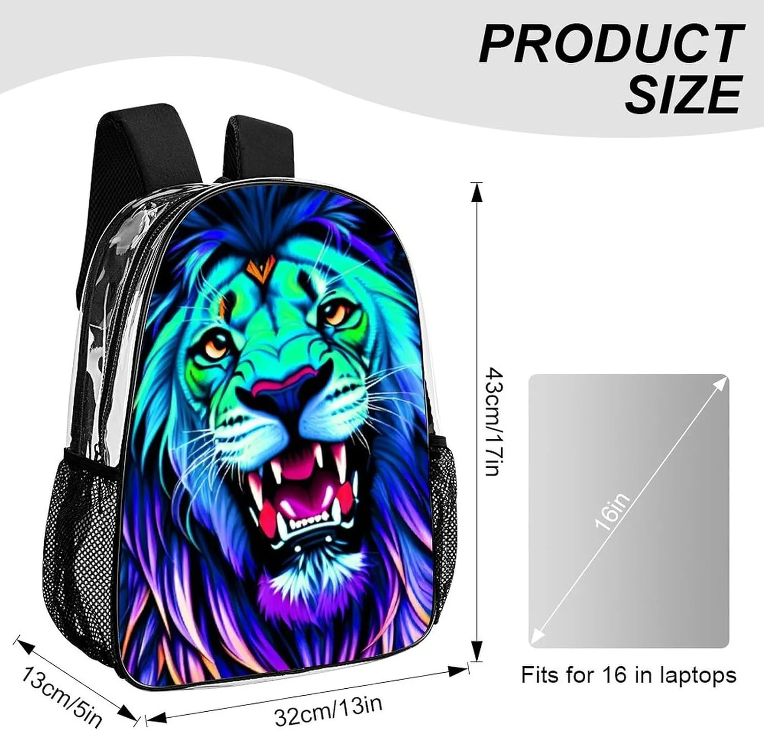 Daypack Backpack Multipurpose Anti-Theft Large Capacity Bookbag - Trippy King Of The Lion Art Travel Hiking & Camping Rucksack Transparent Bag