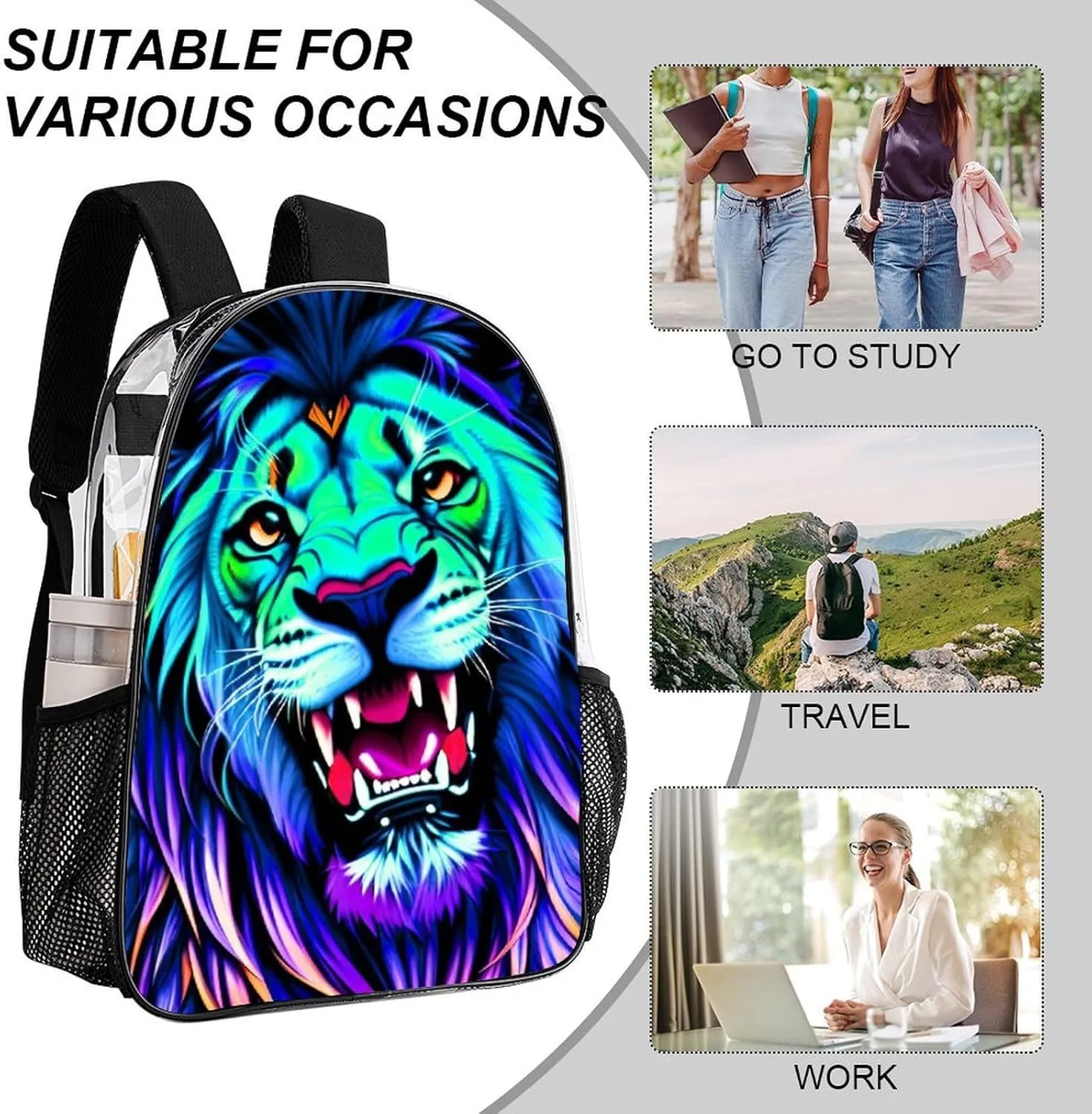 Daypack Backpack Multipurpose Anti-Theft Large Capacity Bookbag - Trippy King Of The Lion Art Travel Hiking & Camping Rucksack Transparent Bag
