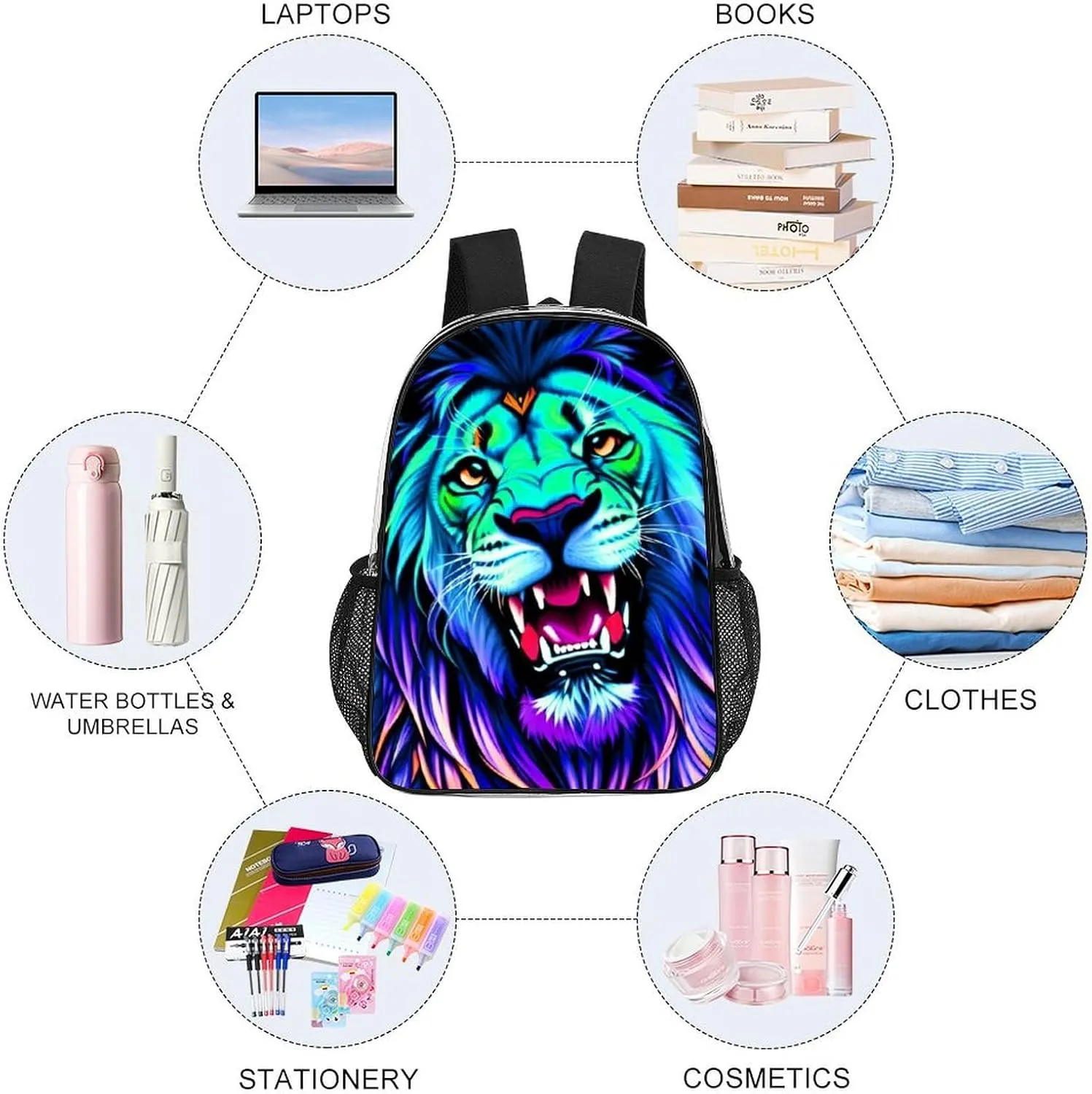 Daypack Backpack Multipurpose Anti-Theft Large Capacity Bookbag - Trippy King Of The Lion Art Travel Hiking & Camping Rucksack Transparent Bag