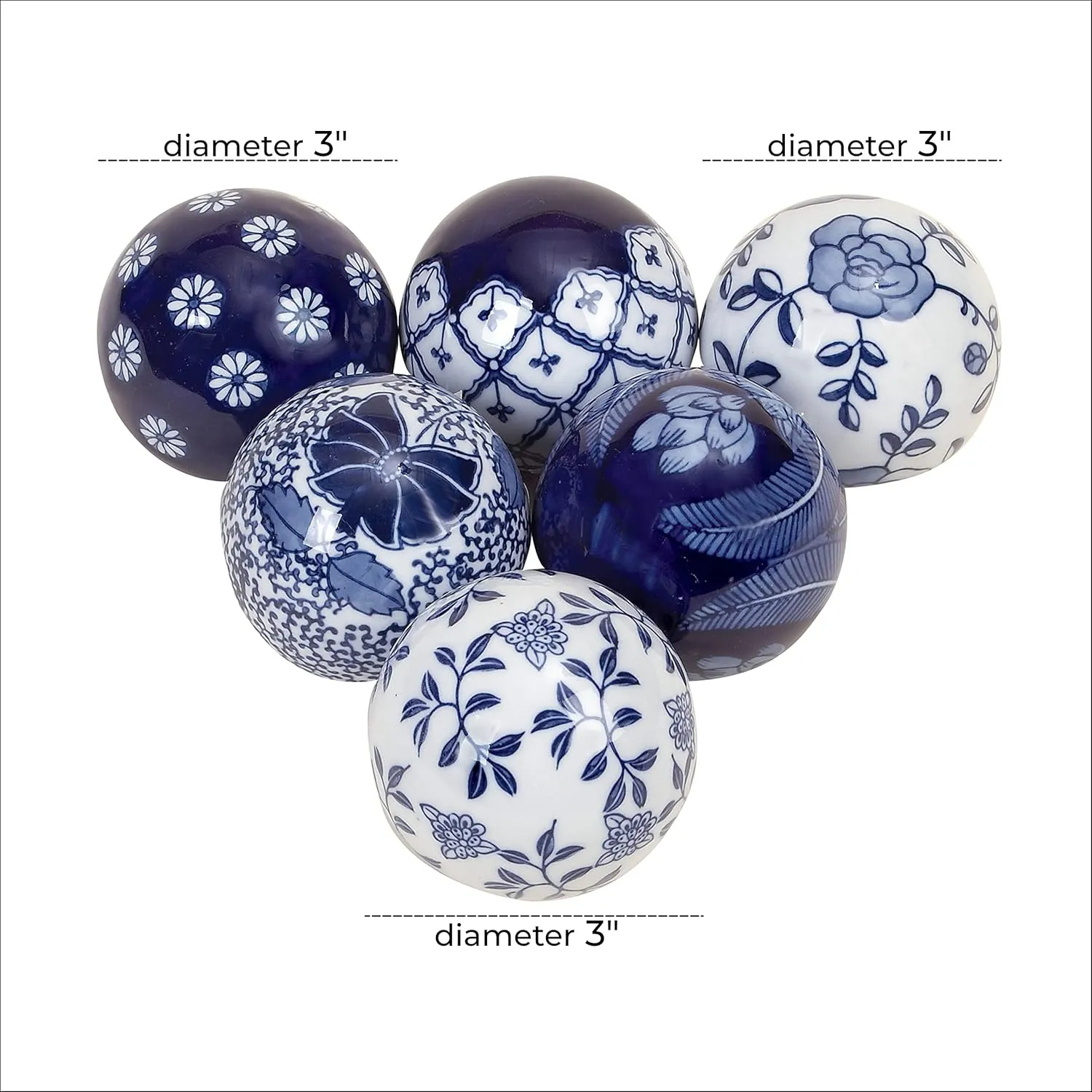 Deco 79 Glam Ceramic Orbs & Vase Filler with Assorted Patterns, Set of 6 3"D, Blue