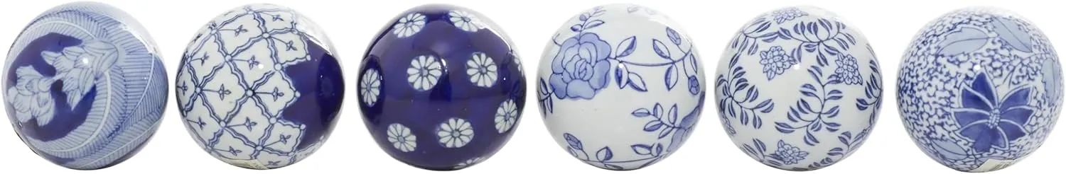 Deco 79 Glam Ceramic Orbs & Vase Filler with Assorted Patterns, Set of 6 3"D, Blue