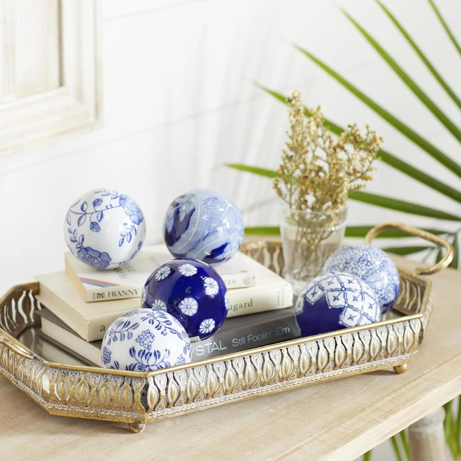 Deco 79 Glam Ceramic Orbs & Vase Filler with Assorted Patterns, Set of 6 3"D, Blue