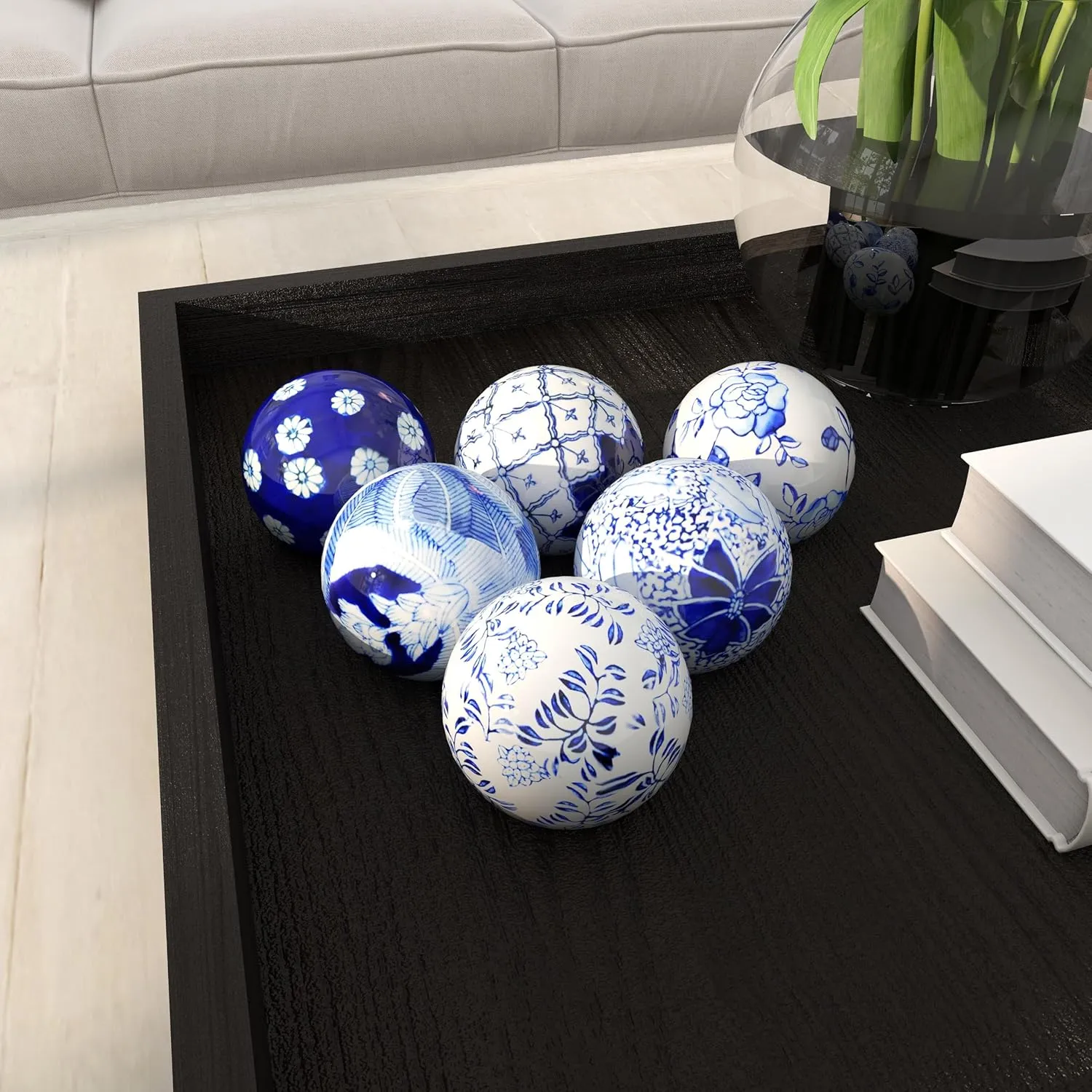 Deco 79 Glam Ceramic Orbs & Vase Filler with Assorted Patterns, Set of 6 3"D, Blue
