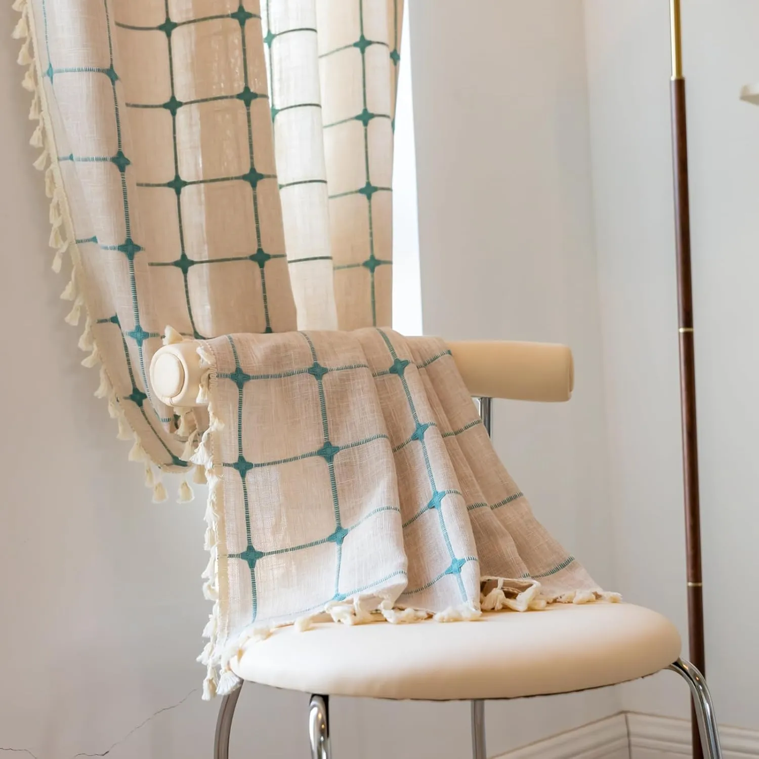 Deeprove Boho Curtains 84 Inches Long for Bedroom, Cotton Linen Plaids Turquoise Embroidery Semi Blackout Bohemian Farmhouse Window Treatment Grids Drape Tassels, 1 Panel W52 x L84 Beige