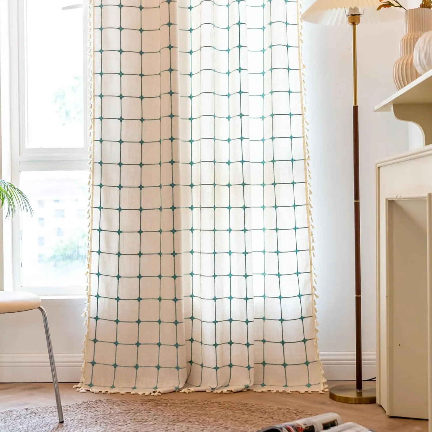 Deeprove Boho Curtains 84 Inches Long for Bedroom, Cotton Linen Plaids Turquoise Embroidery Semi Blackout Bohemian Farmhouse Window Treatment Grids Drape Tassels, 1 Panel W52 x L84 Beige